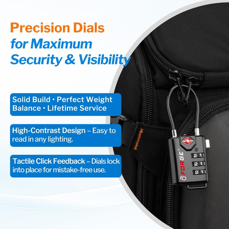 Forge TSA Approved Cable Luggage Locks, Re-settable Combination with Alloy Body, Black 1 Lock. - Image 4
